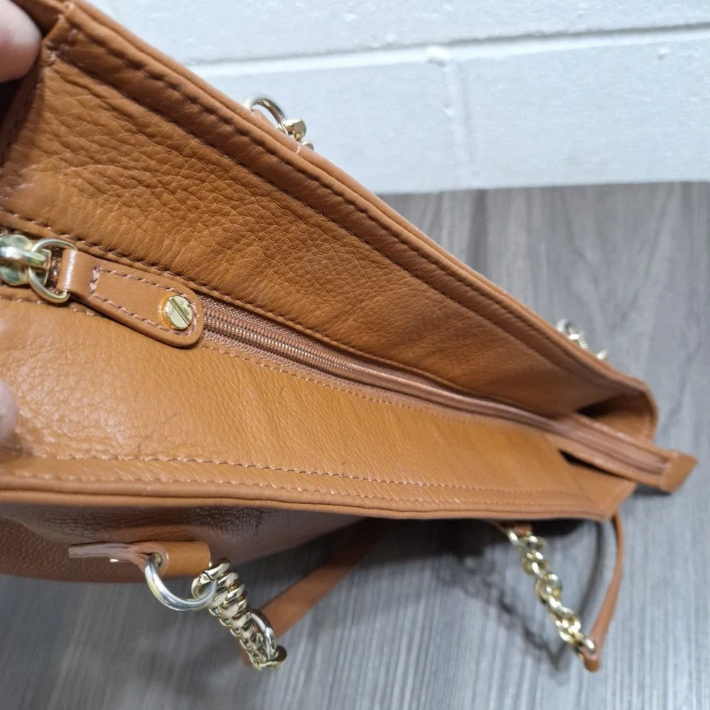 Michael Kors Pebbled Leather Tote Bag Luggage Brown Gold Chain Shoulder Bag